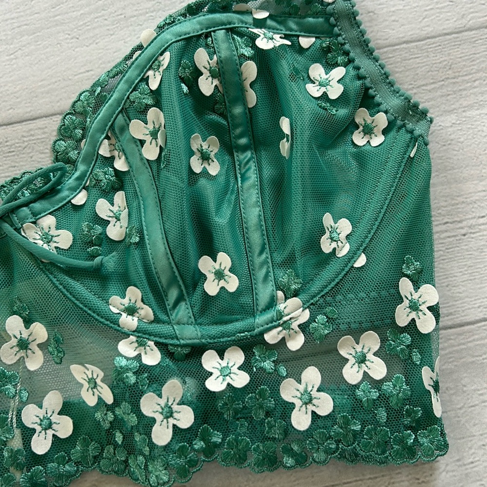For Love & Lemons Daisy Embroidered Longline Bra Jade Teal White Size 38C - Picture 4 of 12
